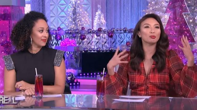 Lini taylor Bal­loon-Sleeve Plaid Top worn by Jeannie Mai on The Real December 9, 2019