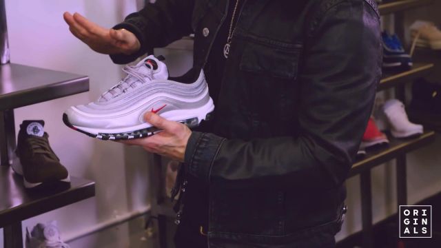 The pair of Nike Air Max 97 Silver Bullet chosen by Eminem in the   video Eminem Goes Sneaker Shopping With Complex
