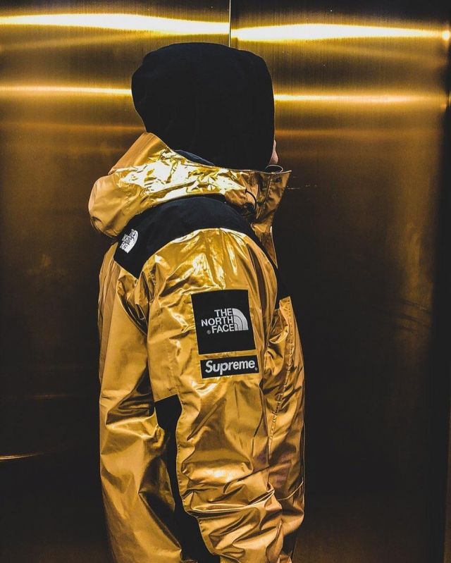 Parka, Supreme The North Face Metallic Mountain gold on the account Instagram of @agora.france
