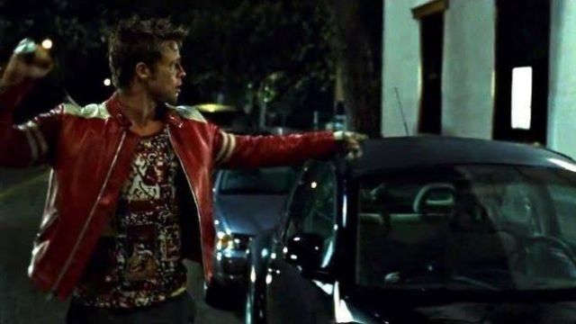 Stripes Biker Red Synthetic Leather Jacket worn by Tyler Durden (Brad Pitt) as seen in Fight Club