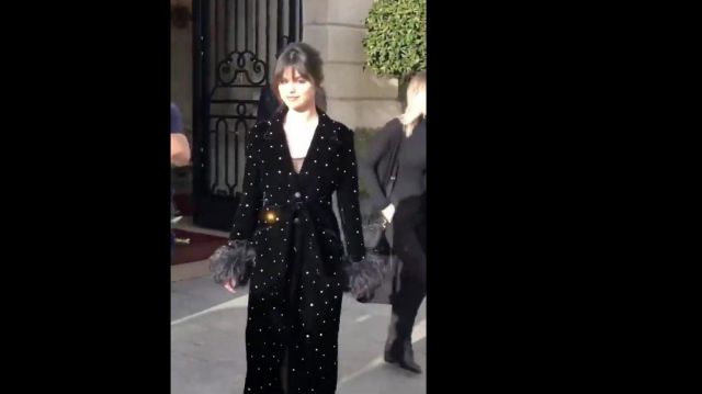 Coat in black embellished with beads of Selena Gomez in Selena Gomez at radio station, with Fans in Paris, France