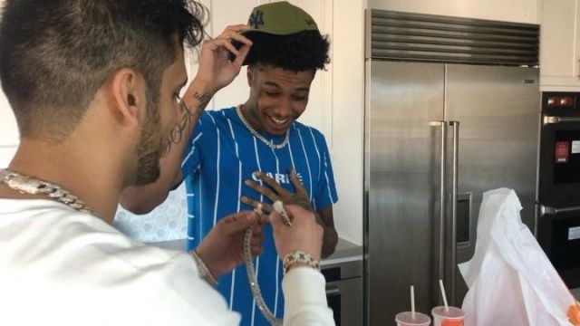 Carre Pin­striped Blue Tshirt of Blueface on the Instagram account @bluefacebleedem