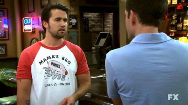 Mama's BBQ Walk In Pig Out Baseball T-Shirt worn by Mac (Rob McElhenney) in Philadelphia (S06E10)