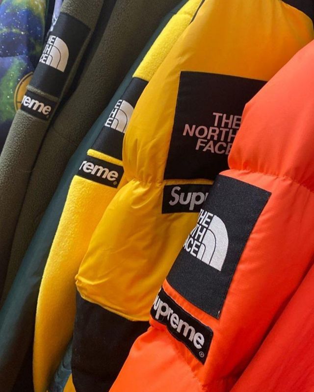 Supreme The North Face Leather Nuptse Jacket Yellow on the account Instagram of @supremeskate.co