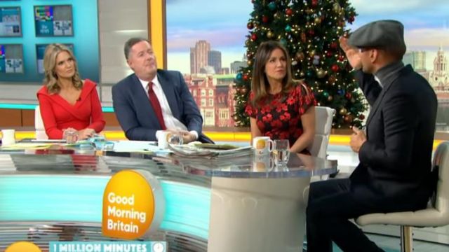 M&s collection Off The Shoul­der Body­con Mi­di Dress worn by Charlotte Hawkins on Good Morning Britain December 17, 2019