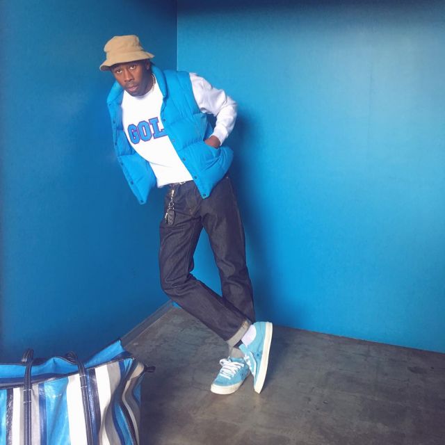 Sneakers low turquoise and white worn by Tyler, The Creator on the account Instagram of @feliciathegoat