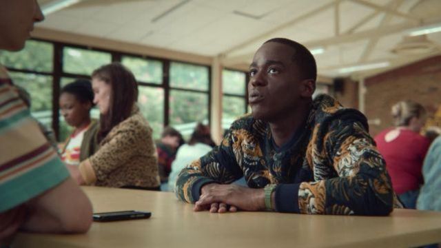 El suéter con cabezas de tigre de Eric Effoing (Ncuti Gatwa) en Sex Education (S01E03)