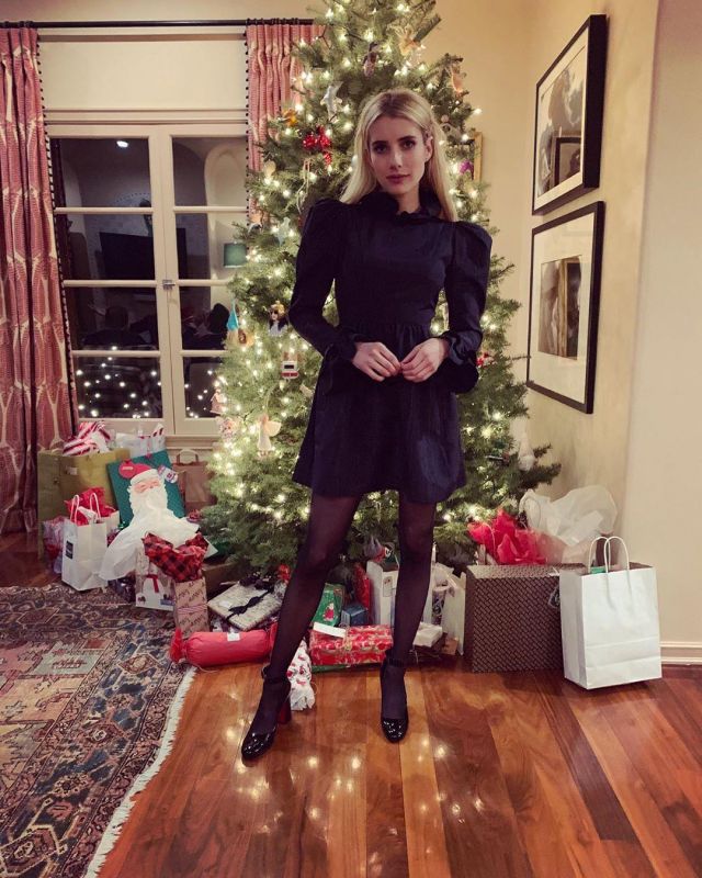 Batsheva Mi­ni Prairie Black Dress of Emma Roberts on the Instagram account @emmaroberts