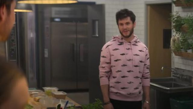 Pink car printed hoodie worn by Forty Quinn (James Scully) in YOU Season 2 Episode 7