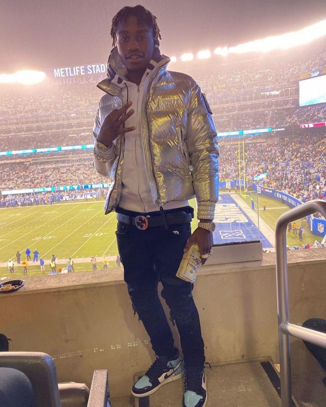 Gucci 'G­G' Em­bossed Black Leather Belt of Lil Tjay on the Instagram account @liltjay
