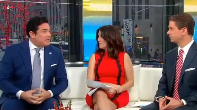 Tommy Hilfiger Red and Black Lace Sheath Dress worn by  Rachel Campos-Duffy  in Fox & Friends December 31, 2019