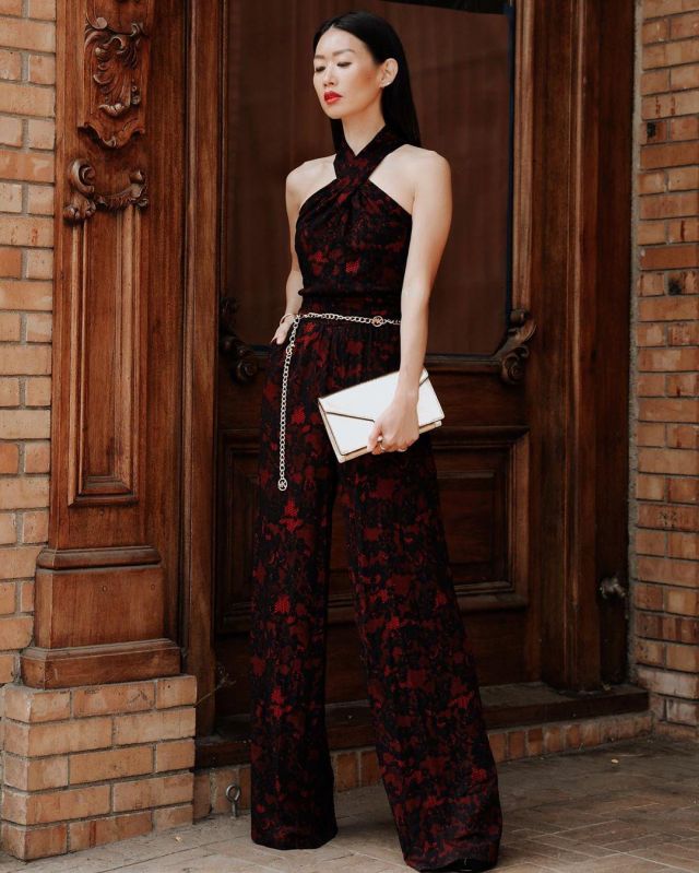 Hal­ter Lace Red Jump­suit of Christine Kong on the Instagram account @dailykongfidence