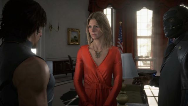 The red dress (and necklace) by Lindsay Wagner in the Death Stranding - Launch Trailer | PS4
