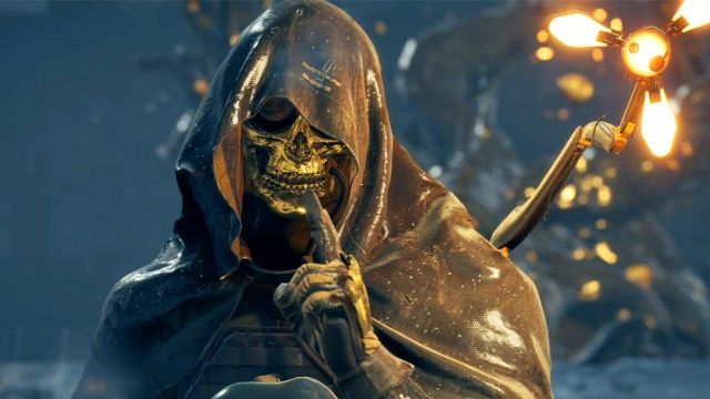 The trademark gold mask of Troy Baker in the Death Stranding