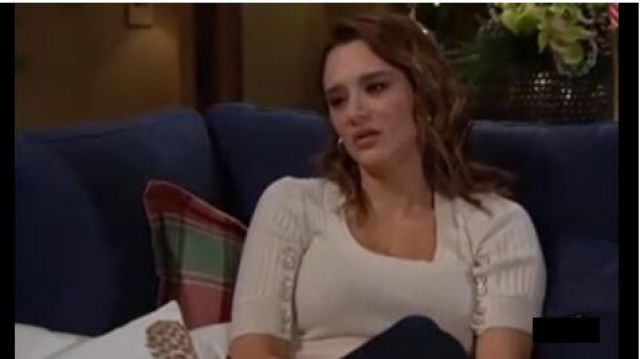 Em­bell­ished White Sweater worn by Summer Newman (Hunter King) as seen on The Young and the Restless January 3, 2020
