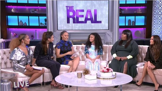 Asos edition Sil­ver Metal­lic Cock­tail Dress worn by Amanda Seales on The Real January 6, 2020