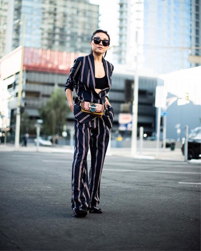 Navy Stripe Pants of Nina Hu on the Instagram account @citizensrunway ...