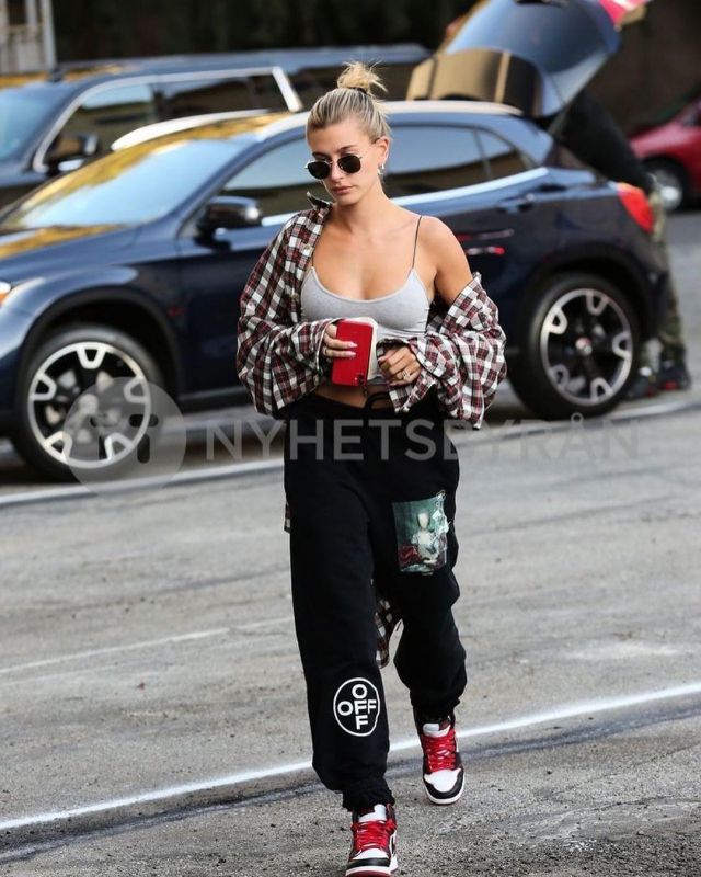 Mastermind World Damaged Skull Check Flannel Shirt worn by Hailey Baldwin Arriving at a Dance Studio January 9, 2020