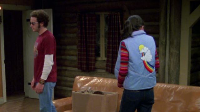 Vintage Baby Blue Puffy Vest with Rainbow and Cloud Embrodered Back of Mila Kunis in That '70s Show