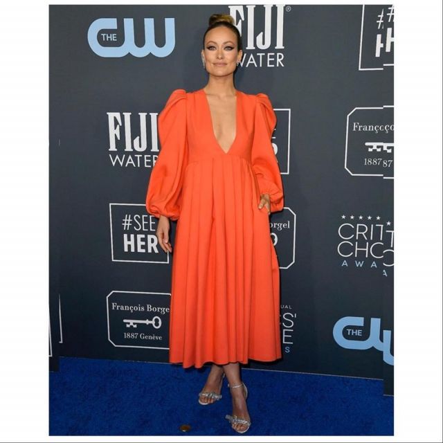 Jimmy choo Thyra Em­bell­ished Suede San­dals worn by Olivia Wilde on Critics’ Choice Awards January 12, 2020