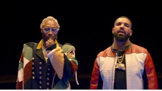 Drôle de monsieur Mul­ti­col­or Over­sized Sher­pa Fleece Jack­et of Future in the music video Future - Life Is Good (Official Music Video) ft. Drake