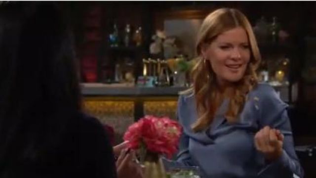 Kobi halperin Blue Silk Satin Blouse worn by Phyllis Summers (Michelle Stafford) as seen on The Young and the Restless January 10, 2020