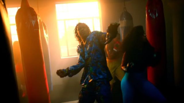 Kidill Blue 'Hell' Print Blue Pants of Rich the Kid in the music video Rich The Kid - That's Tuff ft. Quavo