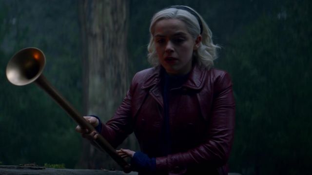Belted Oxblood Leather Jacket worn by Sabrina Spellman (Kiernan Shipka) in Chill­ing Ad­ven­tures of Sab­rina S02E09