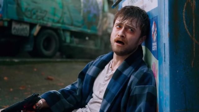 Blue checked dressing gown of Miles (Daniel Radcliffe) in Guns Akimbo