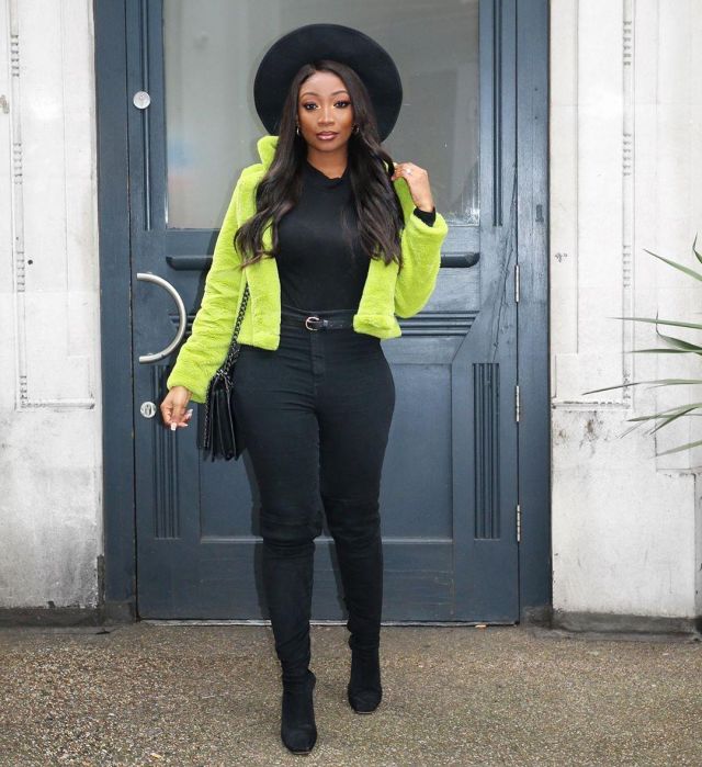 Kandy kouture Neon Lime Cropped Faux Fur Jack­et of Liz Williams on the Instagram account @lizlizlive