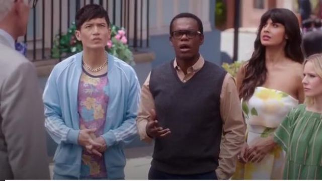 Blue Stripe Sleeve Jack­et worn by Jason Mendoza (Manny Jacinto) in The Good Place Season 4 Episode 11