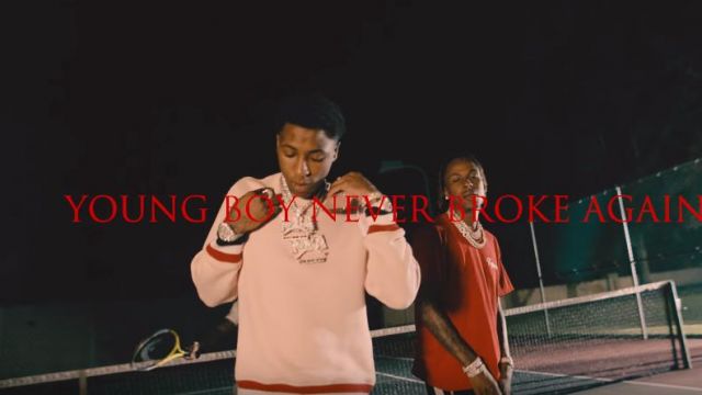 Thom browne White Trimmed Sweater of YoungBoy Never Broke Again in the music video Rich The Kid - Money Talk (feat. YoungBoy Never Broke Again) [Official Music Video]