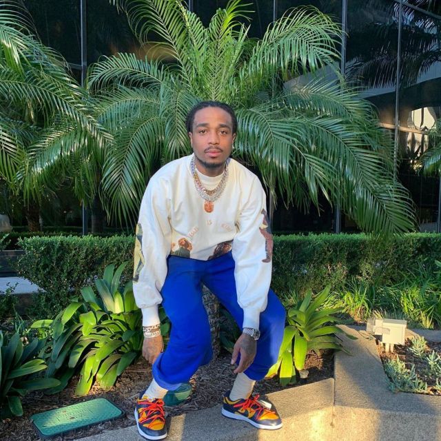 Kanye West Blue Jesus Is King Vinyl Sweatpants of Quavo on the Instagram account @quavohuncho