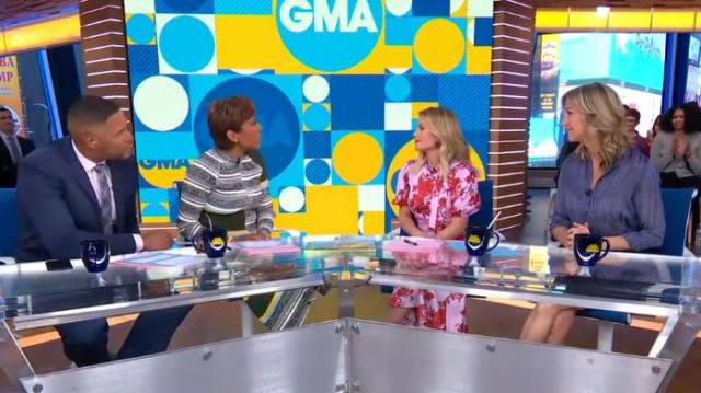 Ml Monique Lhuillier Flo­ral Satin Dress worn by Candace Cameron-Bure on Good Morning America January 21, 2020