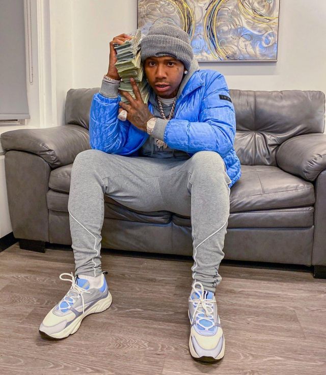 Dior Blue Oblique Print­ed Down Puffer Jack­et of Moneybagg Yo on the Instagram account @moneybaggyo