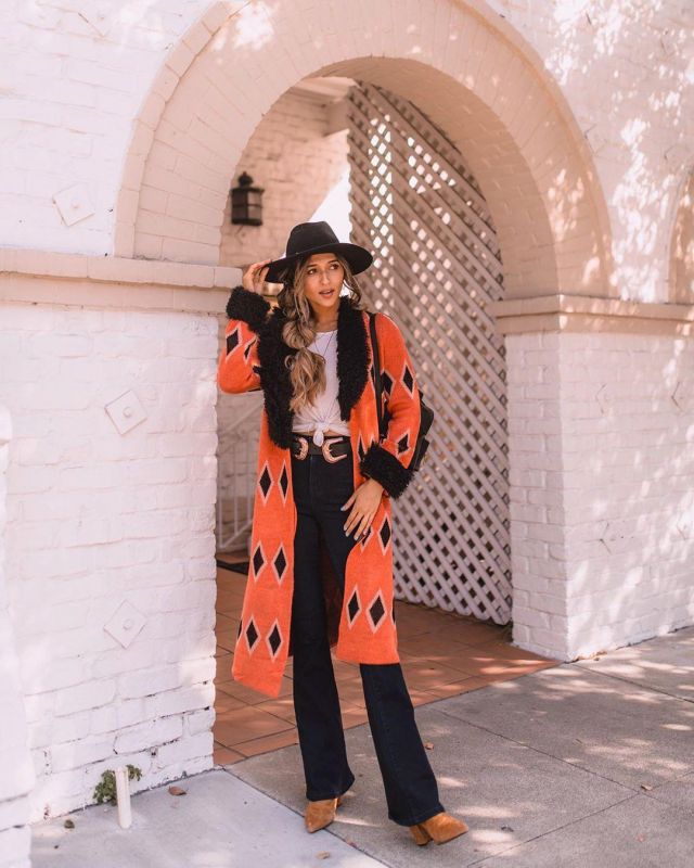 Or­ange and Black Coat of Jyo on the Instagram account @jyo_shankar