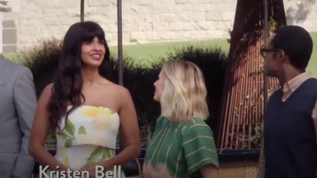 Yellow/White Floral Bandeau Dress worn by Tahani Al-Jamil (Jameela Jamil) in The Good Place Season 4 Episode 12