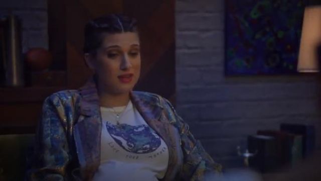 White Mother Earth Print Tee worn by Nomi Segal (Emily Arlook) in grown-ish Season 3 Episode 2