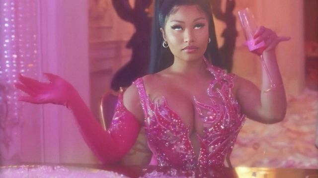 Pink tall gloves of Nicki Minaj in KAROL G, Nicki Minaj - Tusa | Spotern
