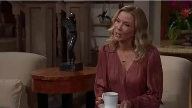 Frame Rose­wood V-Neck Pleat­ed Top worn by Brooke Logan (Katherine Kelly Lang) as seen on The Bold and the Beautiful January 28, 2020
