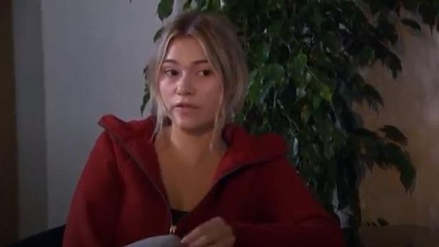 Red zip-up hoodie sweater worn by Mykenna D. in The Bachelor Season 24 Episode 4