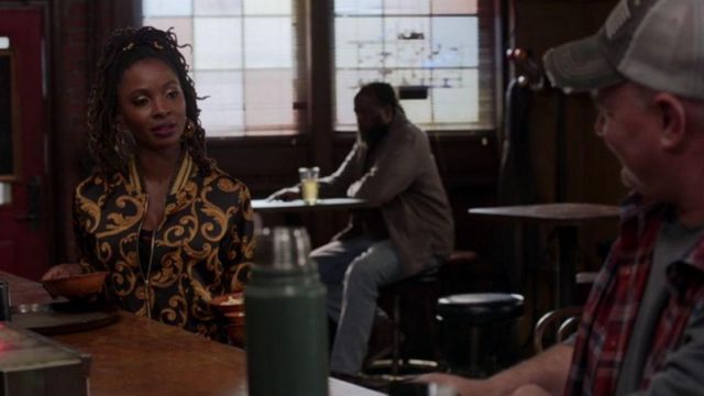 Black and Yellow Print Bomber Jacket worn by Veronica Fisher (Shanola Hampton) in Shameless Season 10 Episode 12