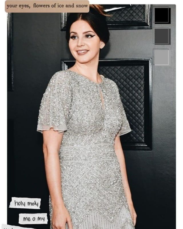 Aidan Mattox Ful­ly Bead­ed Evening Gown of Lana Del Rey on the Instagram account @lanadelrey January 27, 2020