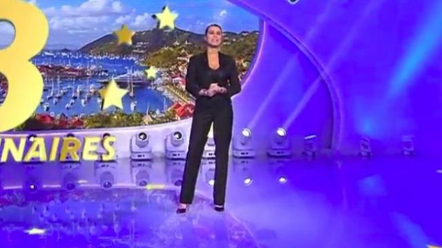 La combinaison pantalon smocking Noir de Karine Ferri dans Tirage de l'euromilions le 31.01.2020