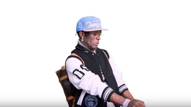 Louis Vuitton Black Varsity Jacket of Lil Uzi Vert in the music video Yo Gotti - Pose (Official Music Video) ft. Megan Thee Stallion, Lil Uzi Vert