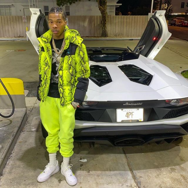 Off-White green snake-print padded jacket of Lil Baby on the Instagram account @lilbaby_1