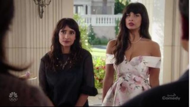 Flo­ral Off the Shoul­der Dress worn by Tahani Al-Jamil (Jameela Jamil) in The Good Place Season 4 Episode 13