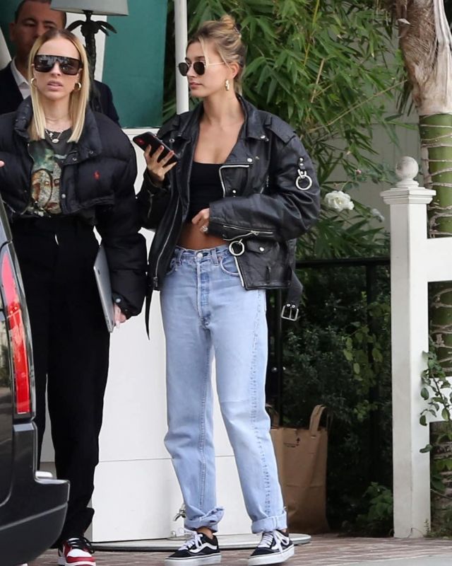 R13 Re­fur­bished Leather Jack­et With Rings worn by Hailey Baldwin Los Angeles January 31, 2020