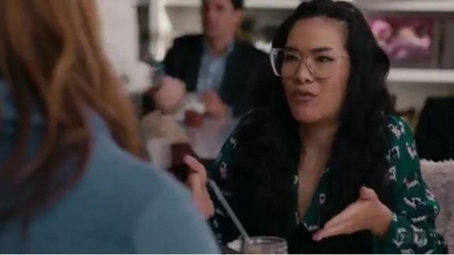 Green Pug Print Blouse worn by Doris (Ali Wong) in American Housewife Season 4 Episode 13