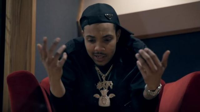 Prada Black triangle logo baseball cap of G Herbo in the music video G Herbo - Sessions (Official Video)